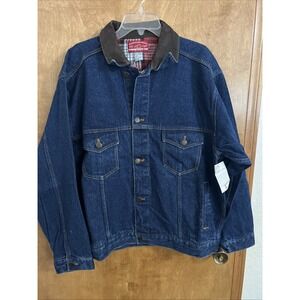 MARLBORO Country store Dark Denim Jean Leather Collar Trucker Jacket Large NWT